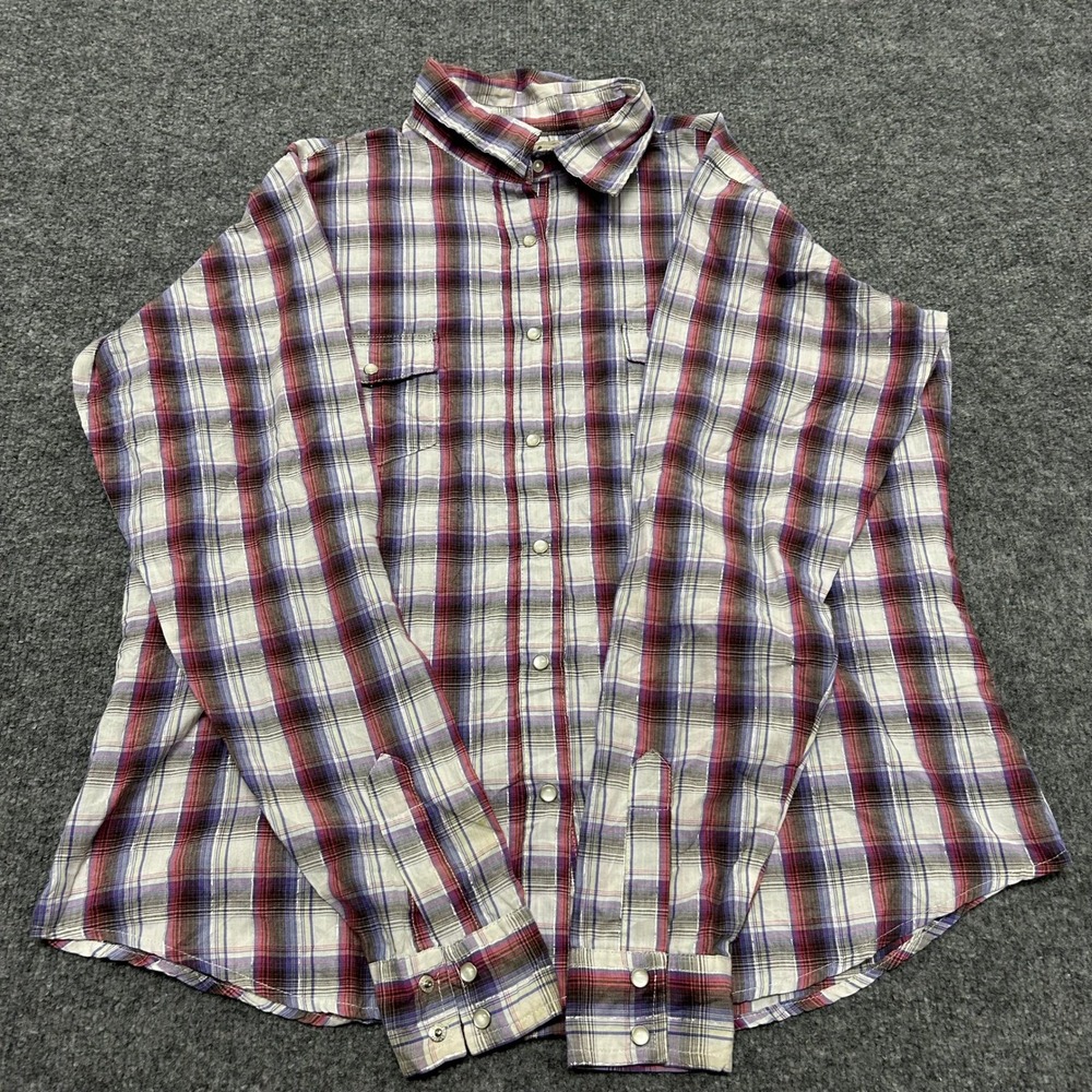 Wrancher by Wrangler Shirt Womens XL Purple Plaid Metallic Snap Western Cowboy